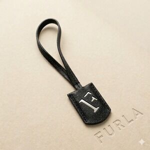 Furla Black Saffiano Leather Initial F Bag Charm Silver Tone Logo Accessory